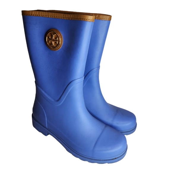 TORY BURCH EUC SZ 6 RAIN BOOTS LILAC PURPLE WITH tan trim - Picture 4 of 5